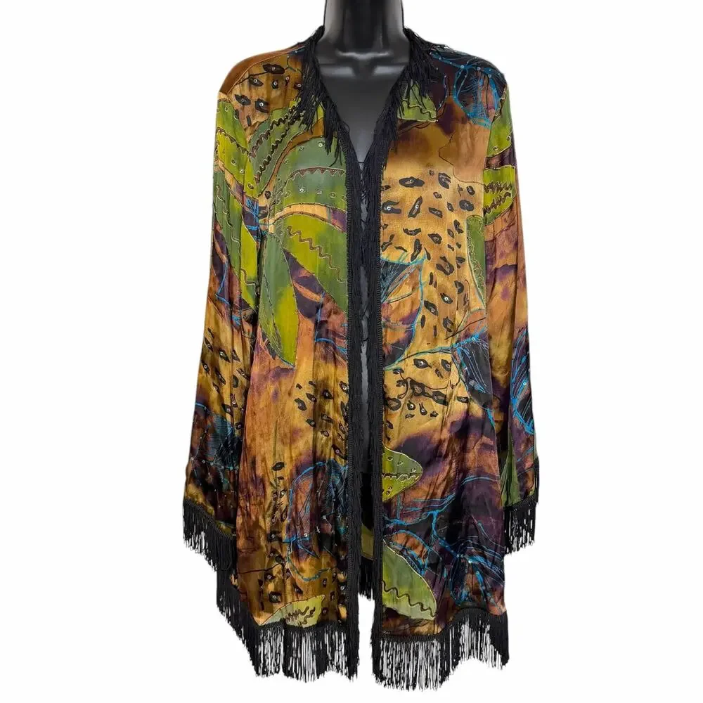 VTG Mirasol Silk Blend Kimono Cardigan L Abstract Fringe Whimsygoth Y2K Witchy